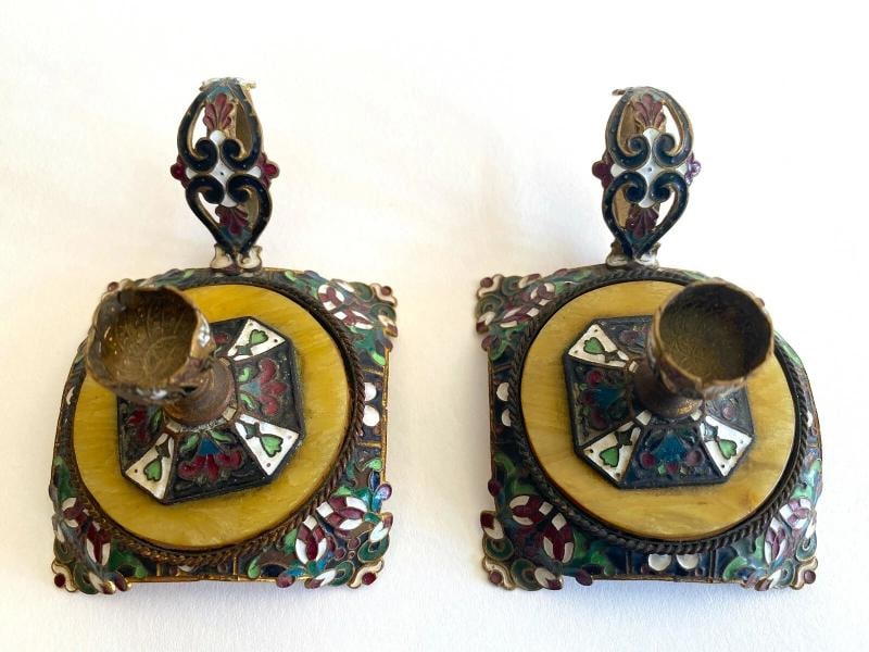RARE ANTIQUE 19TH C FRENCH CHAMPLEVE ENAMEL GILT BRONZE CANDLESTICK HOLDERS PAIR - 8