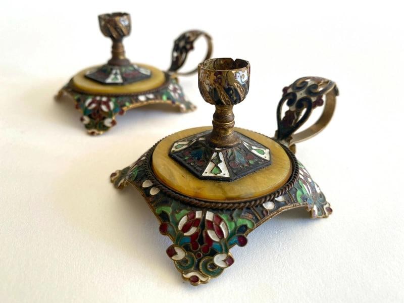 RARE ANTIQUE 19TH C FRENCH CHAMPLEVE ENAMEL GILT BRONZE CANDLESTICK HOLDERS PAIR - 9