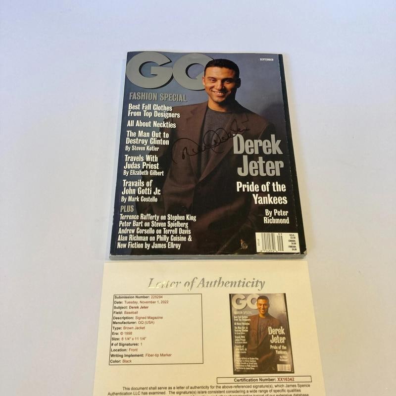 Derek Jeter Signed Autographed 1998 GQ Magazine New York Yankees JSA COA: Sport: Baseball-MLB,Original/Reprint: Original,Autograph Authentication: James Spence Authentication (JSA),Product: Photo 