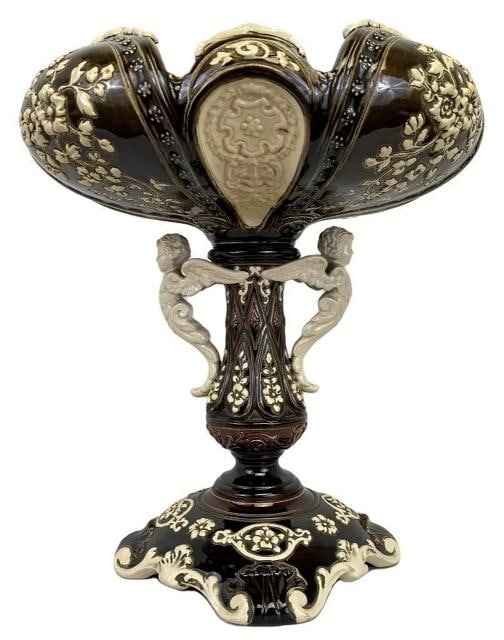 Antique J. Greiner Gerbing Majolica Pottery Art Nouveau Centerpiece Figural Bowl: a fabulous antique German majolica figural centerpiece.This beautiful piece is the epitome of Victorian Art Nouveau style and craftsmanship. The elegant centerpiece bowl is finely crafted and