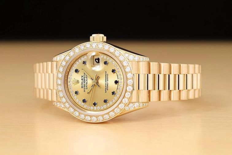 ROLEX LADIES PRESIDENT 69178 FACTORY SAPPHIRE STRING DIAMOND 18K GOLD WATCH - 2