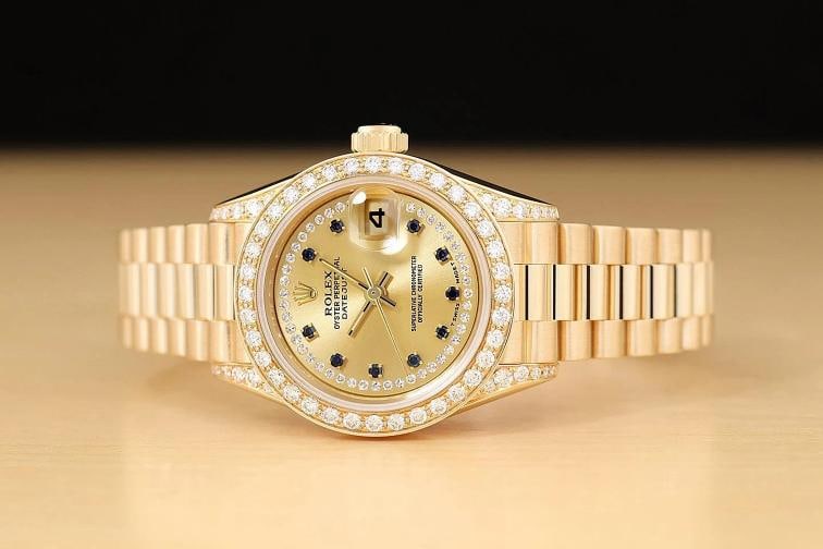 ROLEX LADIES PRESIDENT 69178 FACTORY SAPPHIRE STRING DIAMOND 18K GOLD WATCH - 3