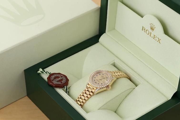 ROLEX LADIES PRESIDENT 69178 FACTORY SAPPHIRE STRING DIAMOND 18K GOLD WATCH - 6