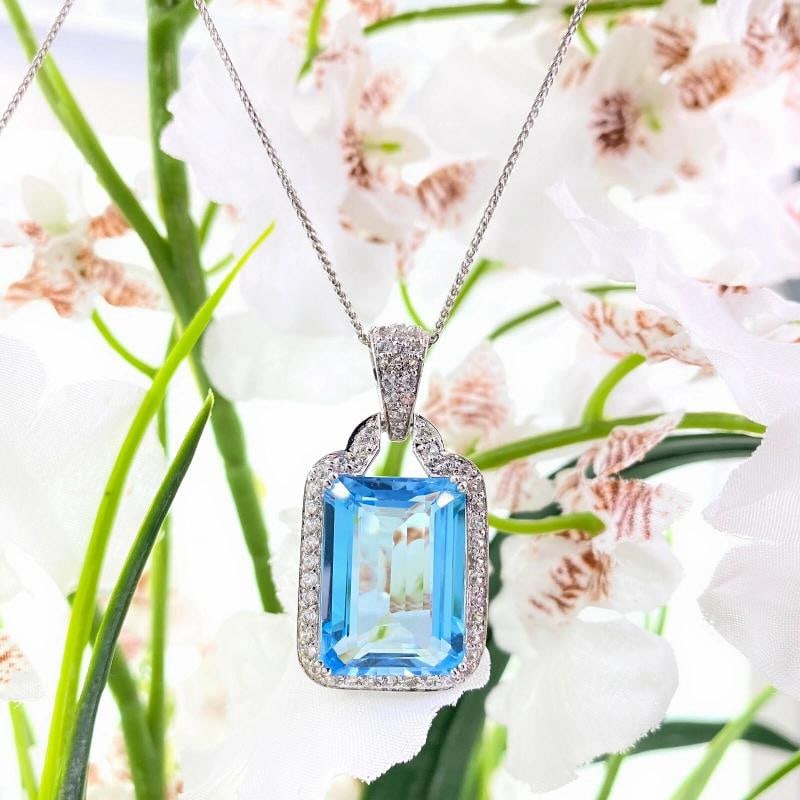 Blue Topaz and Sapphire Necklace 14K White Gold 15''-22'' Chain - 3