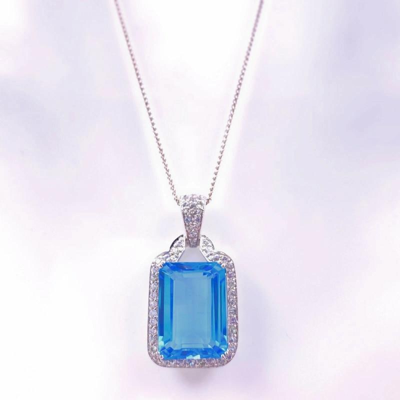 Blue Topaz and Sapphire Necklace 14K White Gold 15''-22'' Chain - 6