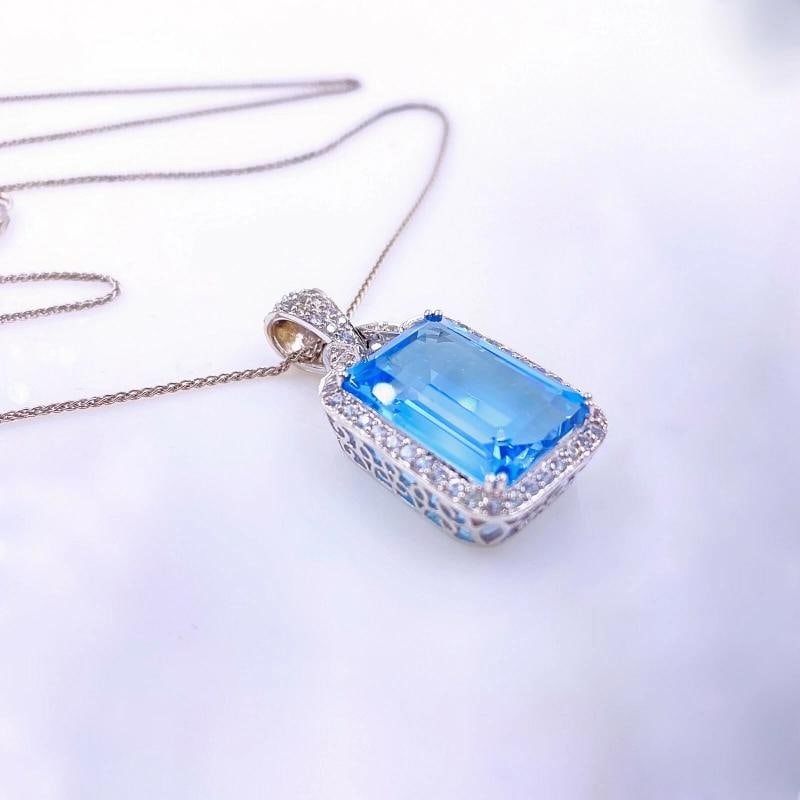 Blue Topaz and Sapphire Necklace 14K White Gold 15''-22'' Chain - 7