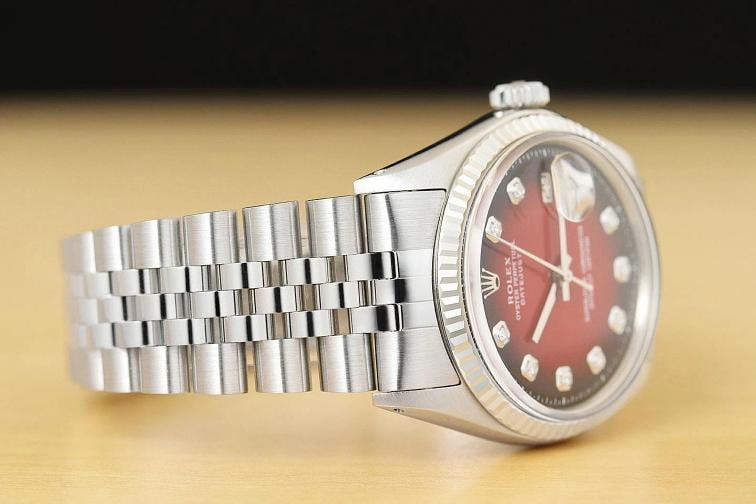 ROLEX MENS DATEJUST RED VIGNETTE DIAMOND 18K WHITE GOLD SS WATCH w/ JUBILEE BAND - 6