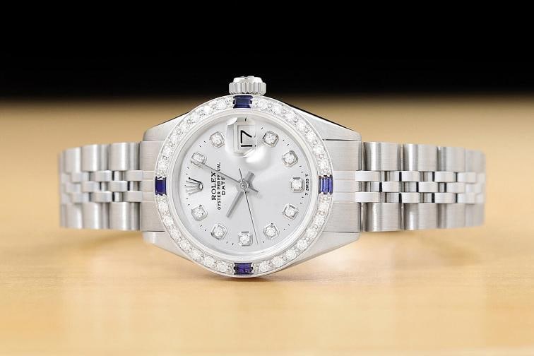 LADIES ROLEX DATE 6917 SILVER DIAL 18K WHITE GOLD SAPPHIRE DIAMOND STEEL WATCH - 3