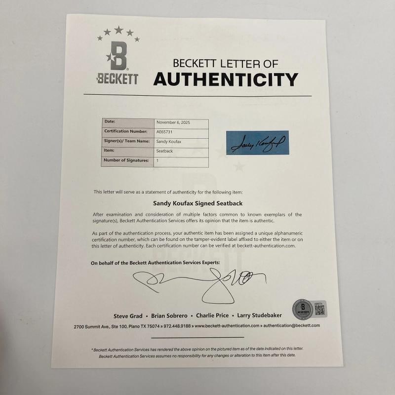 Sandy Koufax Signed Seatback #31/32 RARE Beckett & Steiner COA - 5