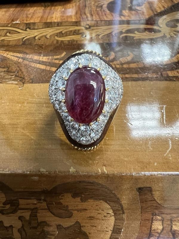VINTAGE 18k Yellow Gold, Wood, Diamond & Ruby Cocktail Ring Vintage 1970s: Condition: Pre-owned - Good: This item has been gently used but is in good condition. It might have a few signs of wear, like light scratches or tarnishing. All imperfections should be shown and