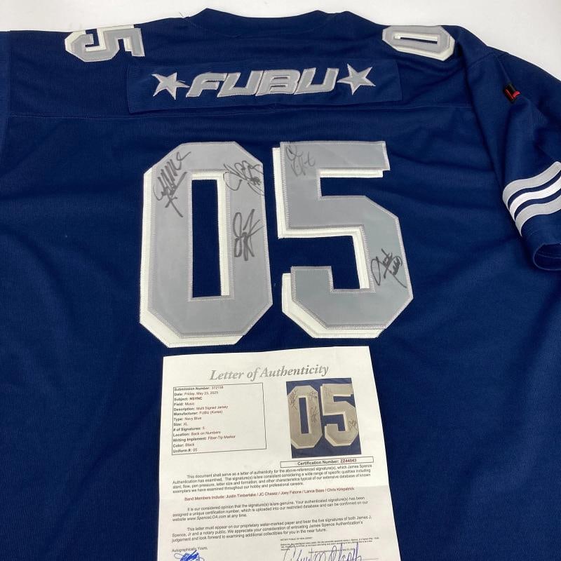 Justin Timberlake NSYNC Band Signed FUBU Jersey 5 Sigs JSA COA: Industry: Music,Signed: Yes,Autograph Authentication: James Spence (JSA),Original/Reproduction: Original 