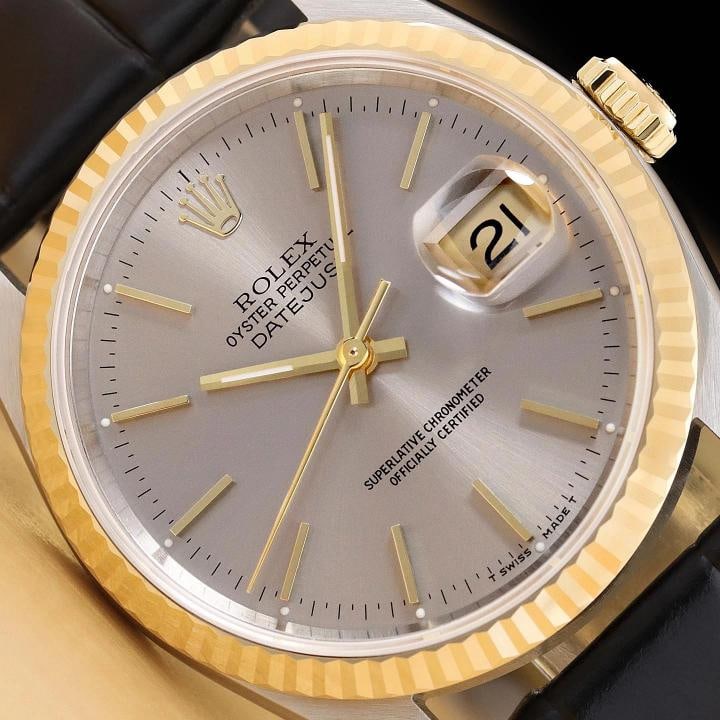 ROLEX MENS DATEJUST 16233 GRAY DIAL 18K YELLOW GOLD STEEL BLACK LEATHER WATCH (1 of 9)