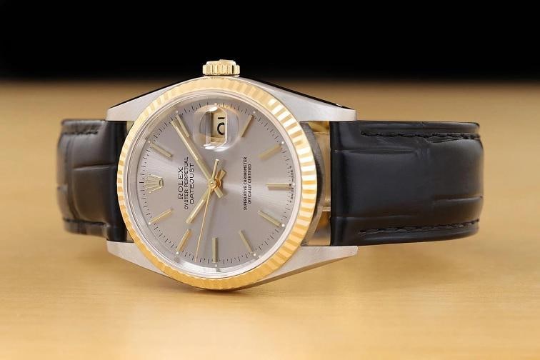 ROLEX MENS DATEJUST 16233 GRAY DIAL 18K YELLOW GOLD STEEL BLACK LEATHER WATCH - 2