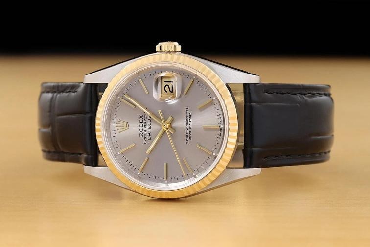 ROLEX MENS DATEJUST 16233 GRAY DIAL 18K YELLOW GOLD STEEL BLACK LEATHER WATCH - 3