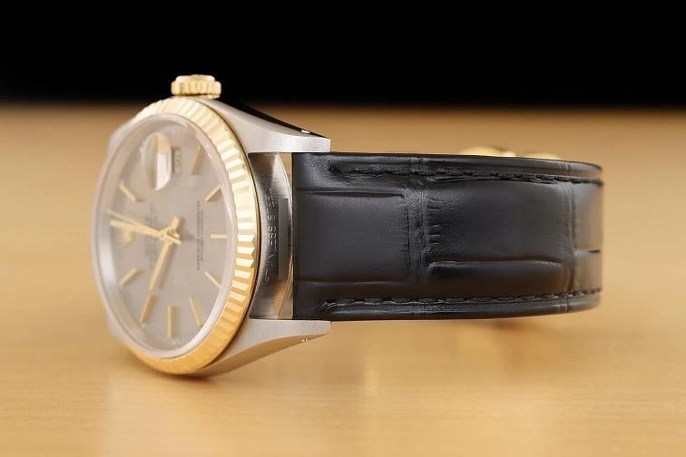 ROLEX MENS DATEJUST 16233 GRAY DIAL 18K YELLOW GOLD STEEL BLACK LEATHER WATCH - 4