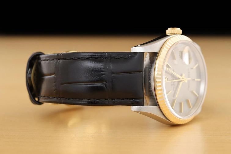 ROLEX MENS DATEJUST 16233 GRAY DIAL 18K YELLOW GOLD STEEL BLACK LEATHER WATCH - 7