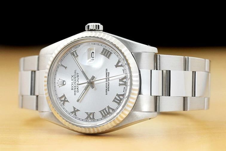 MENS ROLEX DATEJUST 16014 SILVER ROMAN 18K WHITE GOLD & STAINLESS STEEL WATCH - 2