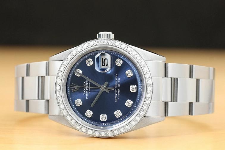 MENS ROLEX DATEJUST BLUE DIAL 18K WHITE GOLD STAINLESS STEEL DIAMOND WATCH - 3