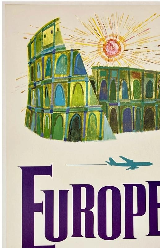 Original Vintage Poster EUROPE FLY TWA UP UP & AWAY Airline Travel Tourism LINEN - 2