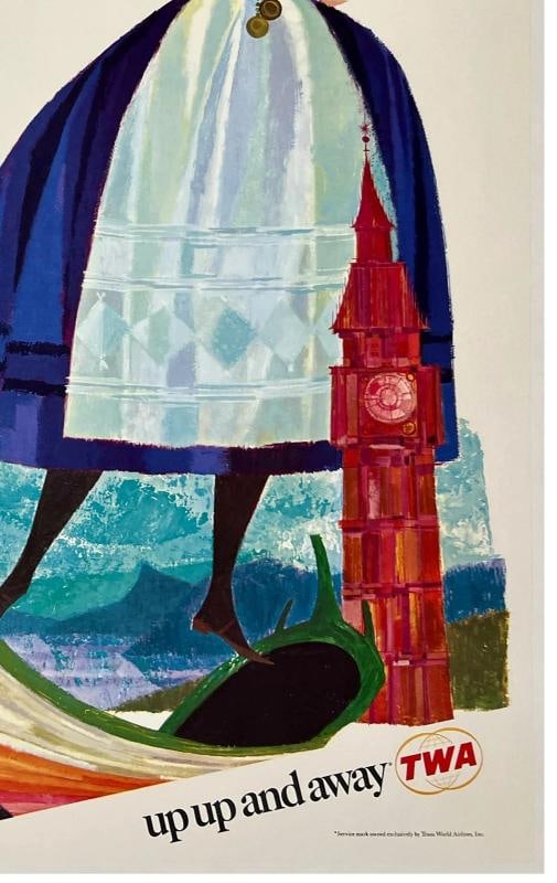 Original Vintage Poster EUROPE FLY TWA UP UP & AWAY Airline Travel Tourism LINEN - 5