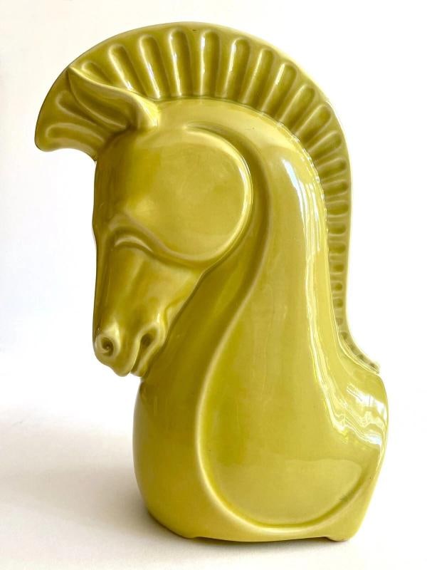 VTG 1950'S MID CENTURY MODERNIST CHARTREUSE ART POTTERY HORSE HEAD CERAMIC VASE: MEASURES 7" W X 4 1/2" D X 10" H. Condition: Used,Modified Item: No,Object Type: Vase,Time Period Manufactured: 1950s