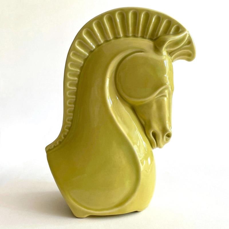 VTG 1950'S MID CENTURY MODERNIST CHARTREUSE ART POTTERY HORSE HEAD CERAMIC VASE - 2