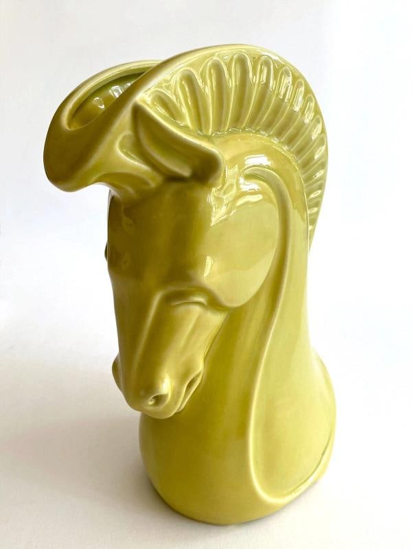 VTG 1950'S MID CENTURY MODERNIST CHARTREUSE ART POTTERY HORSE HEAD CERAMIC VASE - 3