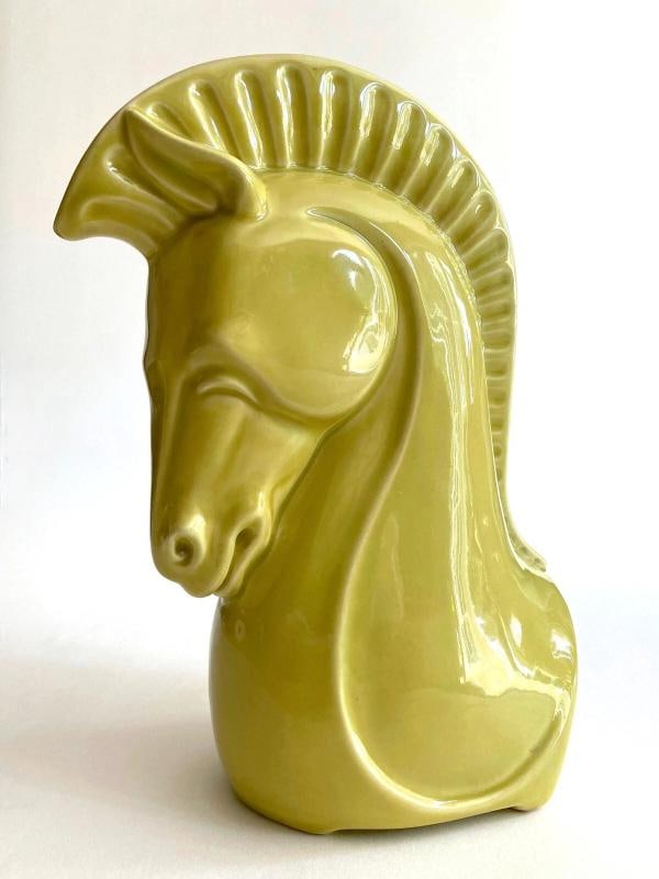 VTG 1950'S MID CENTURY MODERNIST CHARTREUSE ART POTTERY HORSE HEAD CERAMIC VASE - 6