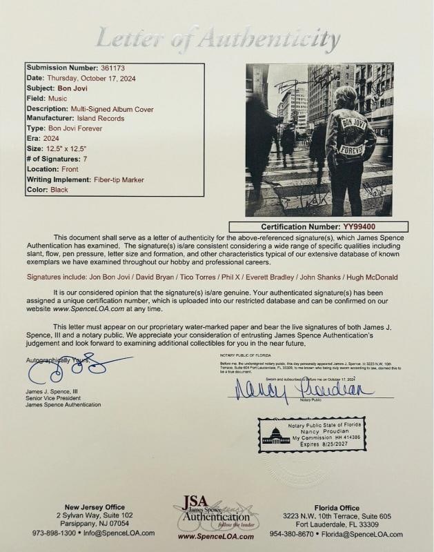 BON JOVI D. BRYAN T. TORRES +4 Signed Autograph LP Cover "Forever" No Vinyl JSA - 7