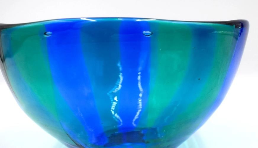 Venini Fulvio Bianconi Art Glass Bowl - Green - Blue 3 Line Signature - 3