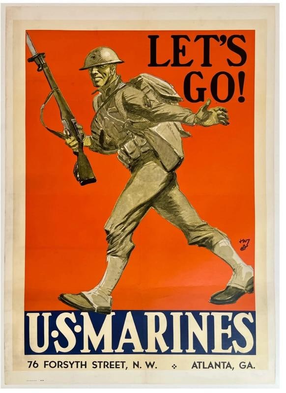 Original Vintage Poster LETS GO! U.S. MARINES World War WWII Propaganda LINEN (1 of 2)
