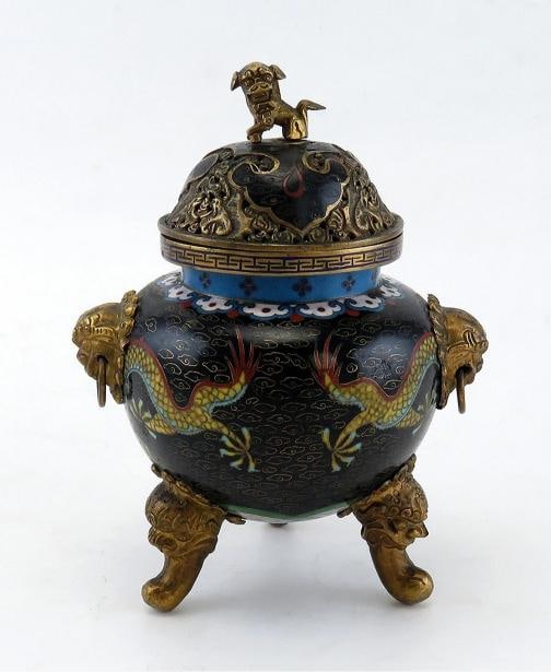 Superb c1860s Chinese/Japanese Cloisonne Dragon Lion Censer Potpourri Jar w Lid: The censer stands about 7 inches tall to the top of the finial of the lid, and measures about 5 1/2 inches wide at the widest point. Primary Material: Cloisonne,Age: 1850-1899,Original/Reproduction: A