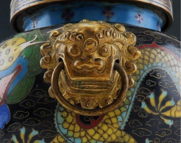 Superb c1860s Chinese/Japanese Cloisonne Dragon Lion Censer Potpourri Jar w Lid - 3
