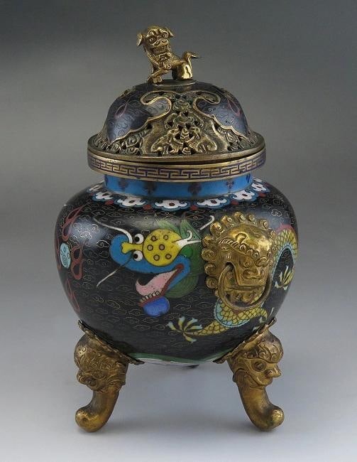Superb c1860s Chinese/Japanese Cloisonne Dragon Lion Censer Potpourri Jar w Lid - 6