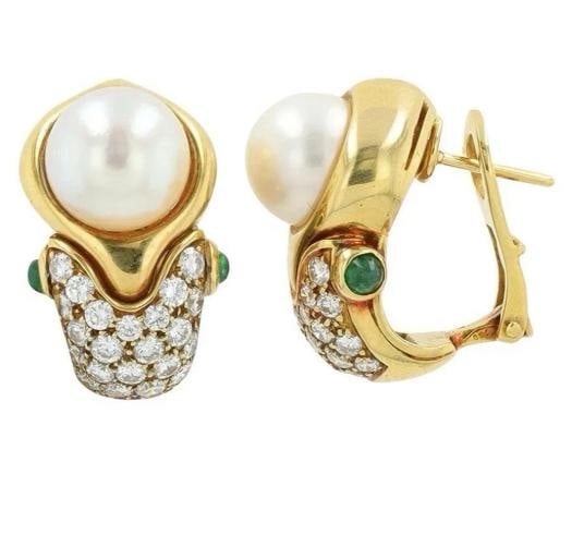 BVLGARI ITALY 18k Yellow Gold, Pearl, Diamond & Cabochon Emerald Earrings 1980s - 2