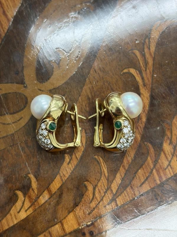 BVLGARI ITALY 18k Yellow Gold, Pearl, Diamond & Cabochon Emerald Earrings 1980s - 5