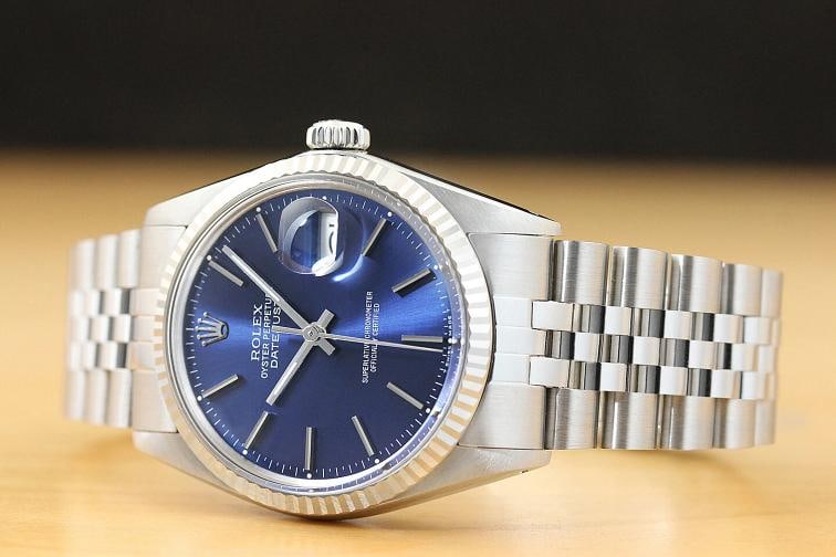 MENS ROLEX DATEJUST 16014 BLUE 18K WHITE GOLD STAINLESS STEEL QUICKSET WATCH - 2