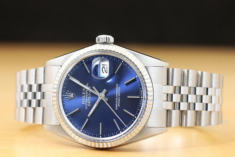 MENS ROLEX DATEJUST 16014 BLUE 18K WHITE GOLD STAINLESS STEEL QUICKSET WATCH - 3