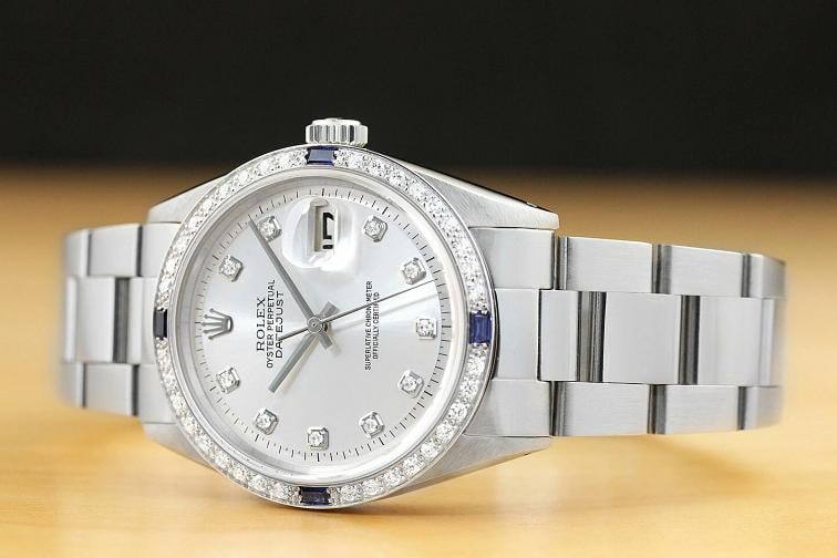 MENS ROLEX DATEJUST 1603 SILVER 18K GOLD SAPPHIRE DIAMOND STEEL OYSTER WATCH - 2