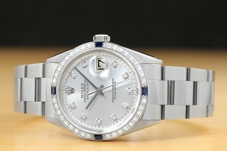 MENS ROLEX DATEJUST 1603 SILVER 18K GOLD SAPPHIRE DIAMOND STEEL OYSTER WATCH - 3