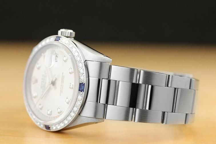 MENS ROLEX DATEJUST 1603 SILVER 18K GOLD SAPPHIRE DIAMOND STEEL OYSTER WATCH - 4