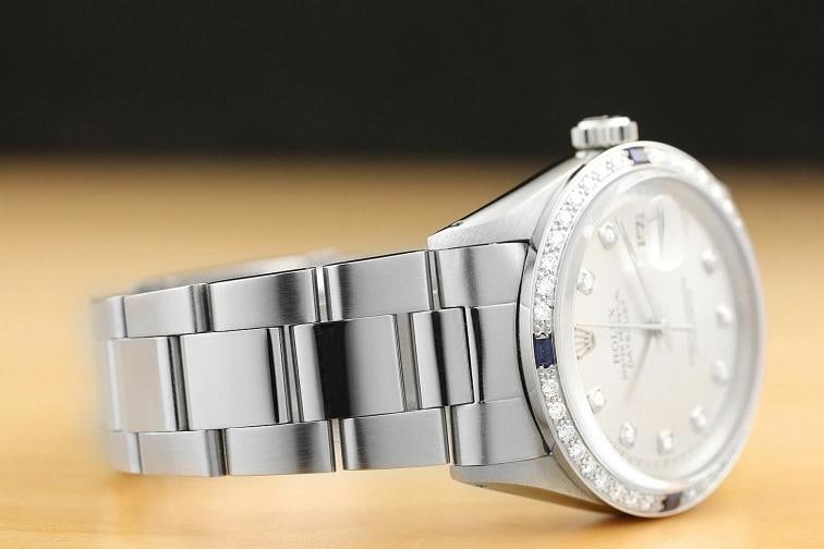 MENS ROLEX DATEJUST 1603 SILVER 18K GOLD SAPPHIRE DIAMOND STEEL OYSTER WATCH - 6
