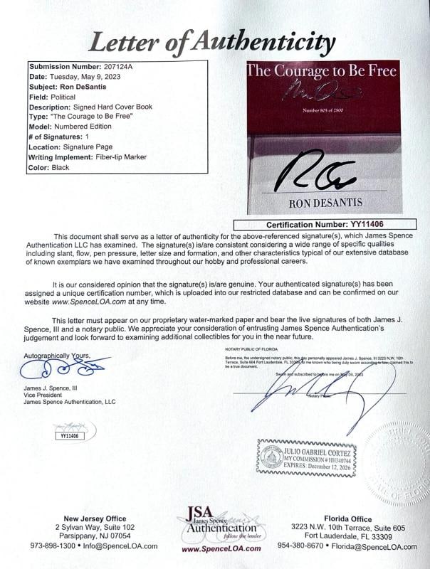 RON DESANTIS Signed Auto Book "The Courage To Be Free"Number 805 of 2800 JSA LOA - 10