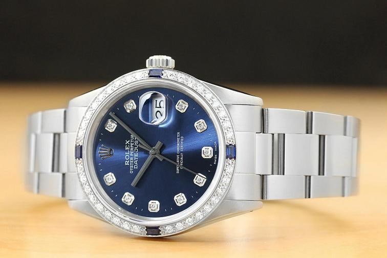 MENS ROLEX DATEJUST QUICKSET 18K WHITE GOLD SAPPHIRE DIAMOND STEEL 16014 WATCH - 2