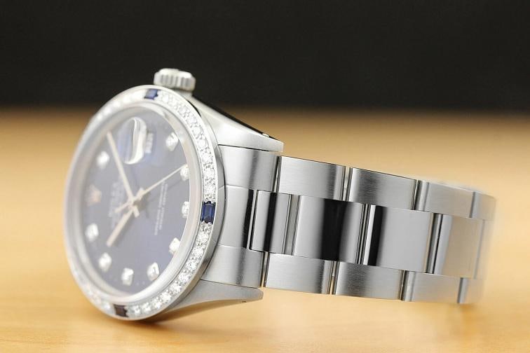 MENS ROLEX DATEJUST QUICKSET 18K WHITE GOLD SAPPHIRE DIAMOND STEEL 16014 WATCH - 4