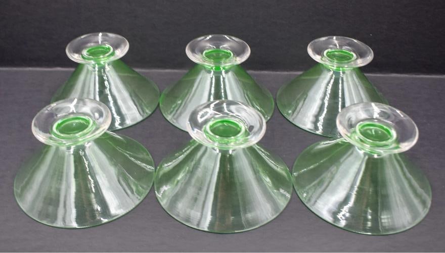 Set of 6 Art Glass Steuben Pomona Green & Clear Footed V Shaped - Deco - 6
