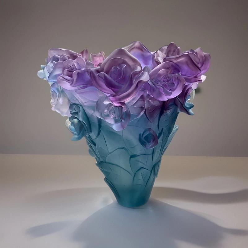 Blue Multi Crystal Nancy Daum Style Rose Vase H8.5 W8â€ Heavy Art Glass (1 of 1)