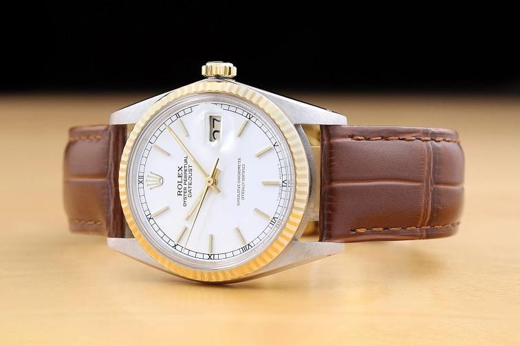 ROLEX MENS DATEJUST 16013 WHITE DIAL 18K GOLD STEEL WATCH w/ BROWN LEATHER BAND - 2