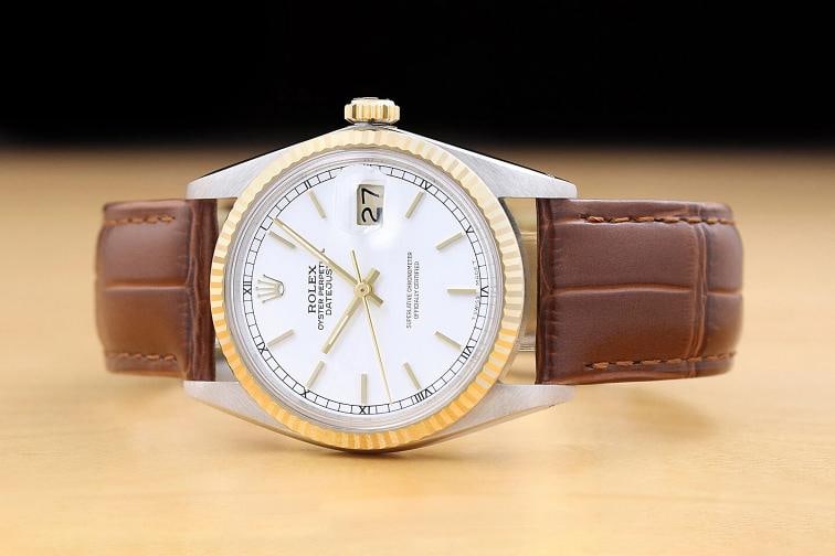 ROLEX MENS DATEJUST 16013 WHITE DIAL 18K GOLD STEEL WATCH w/ BROWN LEATHER BAND - 3