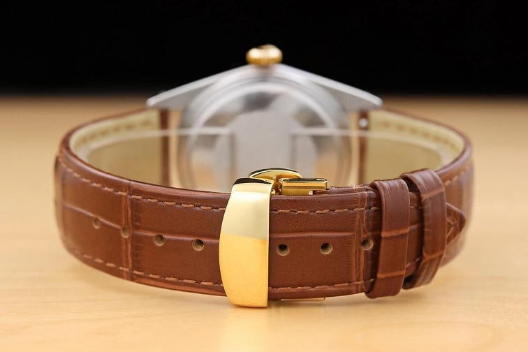 ROLEX MENS DATEJUST 16013 WHITE DIAL 18K GOLD STEEL WATCH w/ BROWN LEATHER BAND - 6